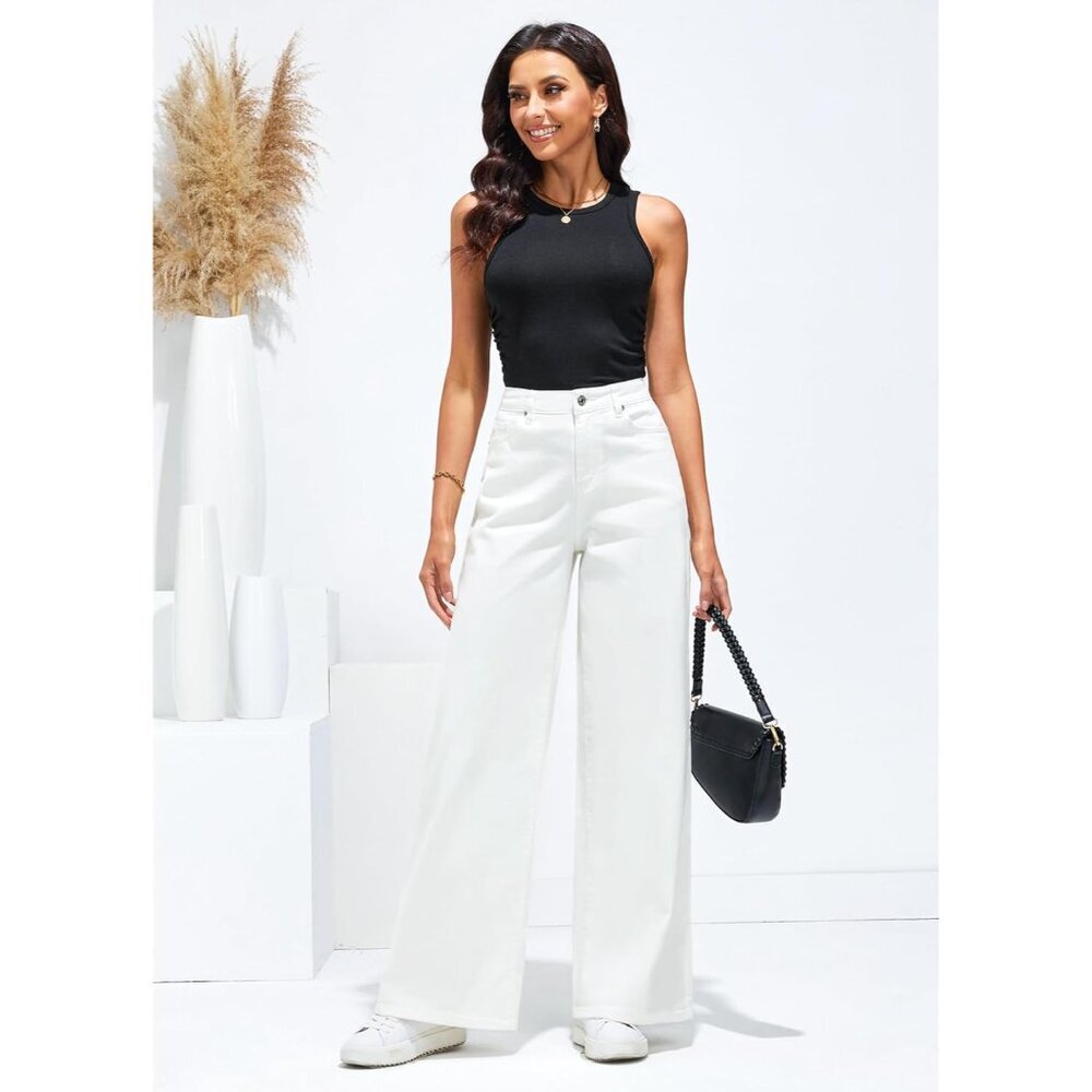 Women’s Wide Leg High Waisted Stretch Denim Jeans Pockets Casual Pants - Picture 6 of 6